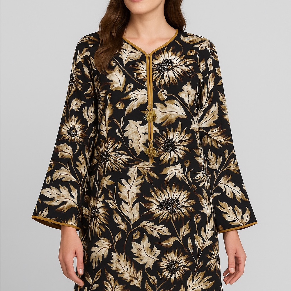 Floral Black and Gold Long Sleeve Dress